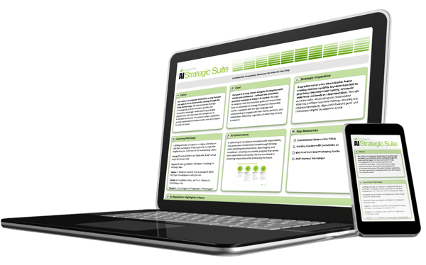 Laptop and smartphone displaying Growthential’s AI Strategic Suite Dashboard with sections for vision, goals, governance, learning pathways, and resources. Laptop and smartphone displaying Growthential’s AI Strategic Suite Dashboard with sections for vision, goals, governance, learning pathways, and resources.